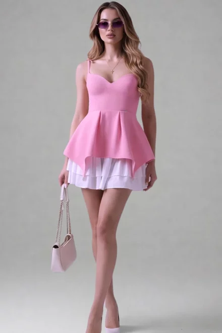 Rochie din Bistrech, din Doua Piese, cu Fusta Detasabila, Naya,Roz