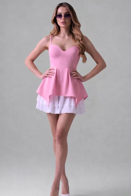 Rochie din Bistrech, din Doua Piese, cu Fusta Detasabila, Naya,Roz