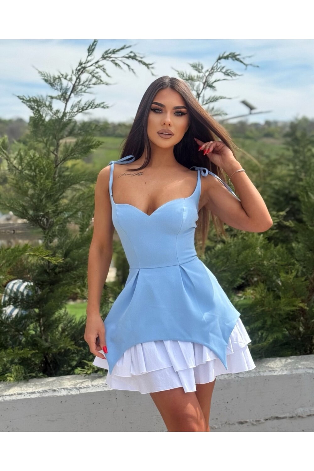 FOGGI Rochie Din Bistrech, Din Doua Piese, Cu Fusta Detasabila, Soraya, Bleu