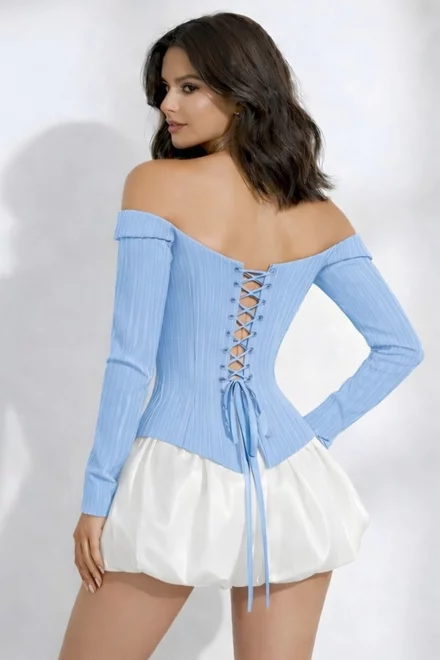  Rochie din Bistrech, Doua Piese, Corset Reglabil si Fusta Bumbac, Aveliss, Bleu