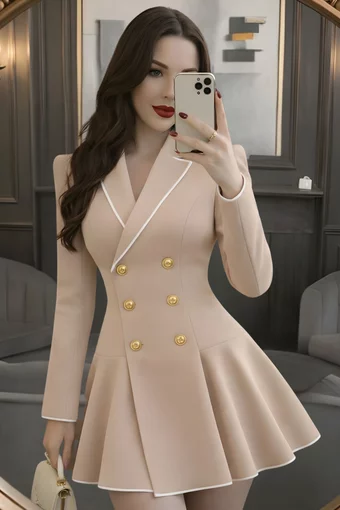 Rochie din Bistrech, Tip Sacou,cu Inchidere Nasturi, Kaellis, Bej