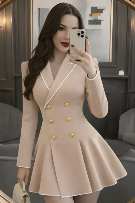 Rochie din Bistrech, Tip Sacou,cu Inchidere Nasturi, Kaellis, Bej