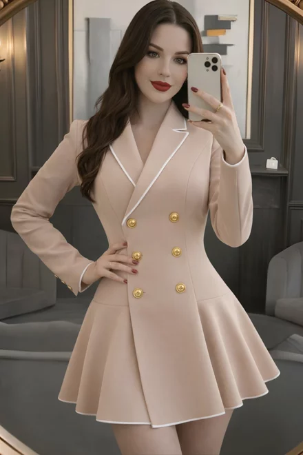 Rochie din Bistrech, Tip Sacou,cu Inchidere Nasturi, Kaellis, Bej