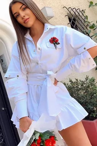 Rochie  din Blug, cu Fusta - Pantalon, Cordon in Talie si Maneci Detasabile, Toulouse, Alba