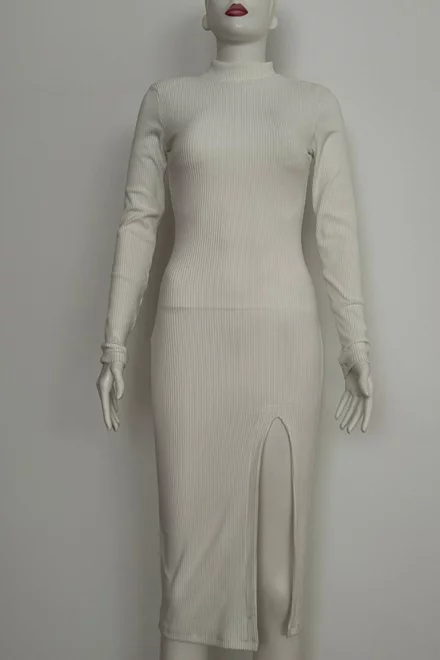 Rochie din Pulover, pe Gat, cu Maneci Lungi si Crapatura Adanca pe o Parte, Willow, Alba