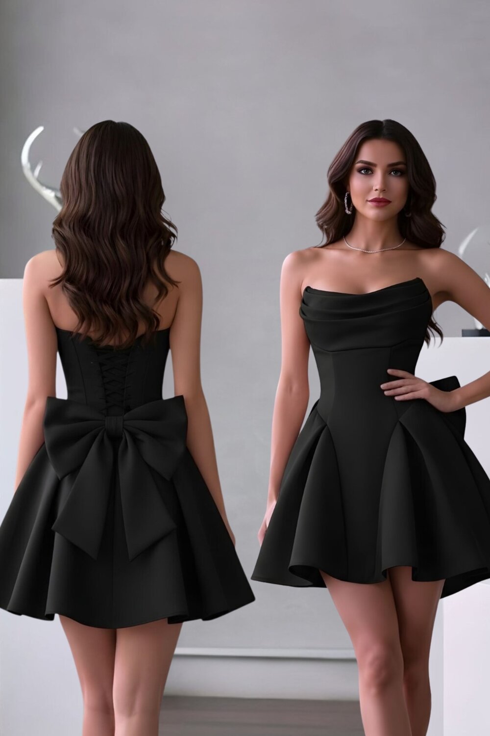 sutiene pt. rochii fara spate Rochie Din Satin, Scurta, Fara Maneci Si Accesorizata Cu Funda La Spate, Verra, Neagra