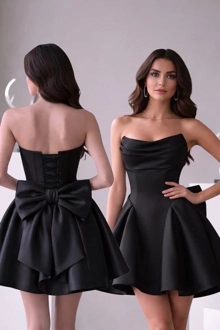 Rochie din Satin, Scurta, fara Maneci si Accesorizata cu Funda la Spate, Verra, Neagra