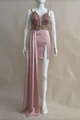 Rochie Eleganta, cu Bust din Paiete,cu Trena, in Bretele si cu Decolteu Adanc Decupat Asimetric, Ivy, Roz Pudra