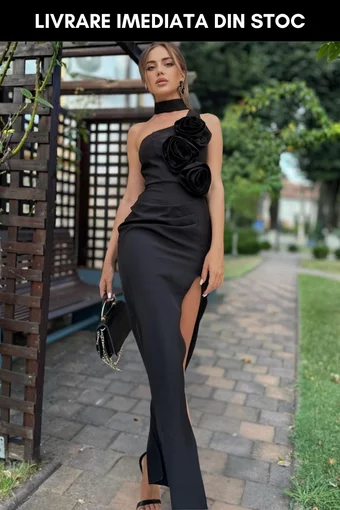Rochie Eleganta de Dama, Crapata pe Picior, Accesorizata cu Trandafiri, Amazing, Neagra