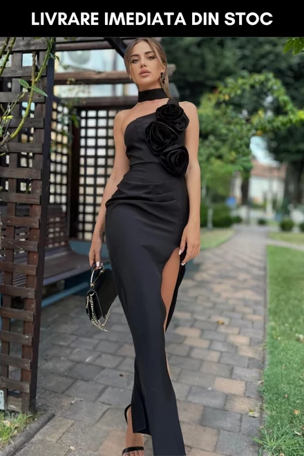 Rochie Eleganta de Dama, Crapata pe Picior, Accesorizata cu Trandafiri, Amazing, Neagra