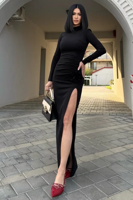 Rochie Eleganta de Dama, Crapata pe Picior si Accesorizata cu Floare in Talie, Reynne, Neagra