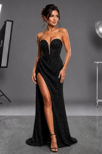 Rochie Eleganta de Dama, cu Decolteu si Crapatura pe Picior, din Paiete, Vylora, Neagra
