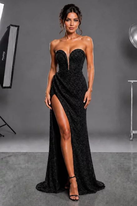 Rochie Eleganta de Dama, cu Decolteu si Crapatura pe Picior, din Paiete, Vylora, Neagra