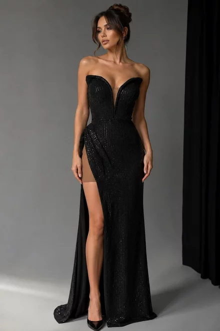 Rochie Eleganta de Dama, cu Decolteu si Crapatura pe Picior, din Paiete, Vylora, Neagra