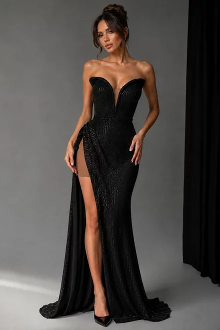 Rochie Eleganta de Dama, cu Decolteu si Crapatura pe Picior, din Paiete, Vylora, Neagra