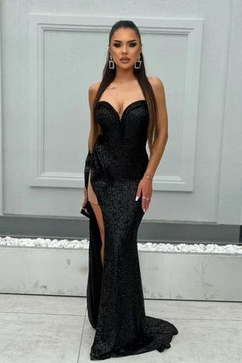 Rochie Eleganta de Dama, cu Decolteu si Crapatura pe Picior, din Paiete, Vylora, Neagra