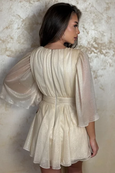 Rochie Eleganta de Dama, cu Fir Lurex, Maneci Evazate si Fusta Pantalon , Fabiolla , Aurie