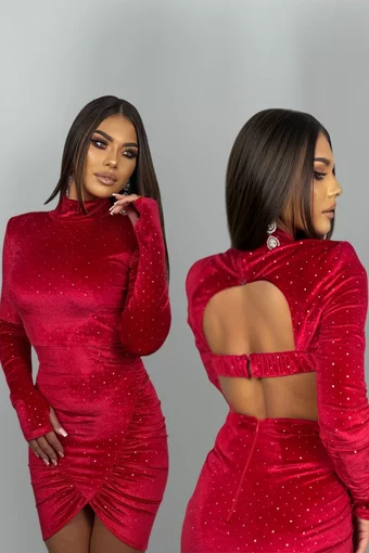 Rochie Eleganta de Dama, cu Glitter,  Maneci Lungi si Spate Gol, Irenne, Rosie