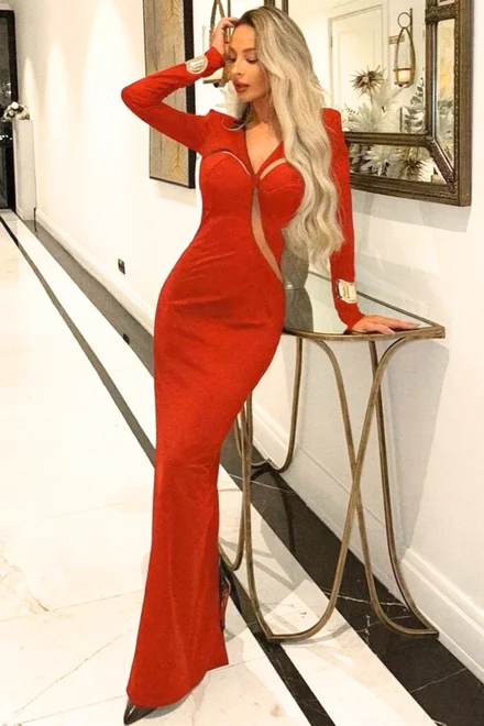 Rochie Eleganta de Dama, cu Maneci Lungi si Decupaje, Bella, Rosie