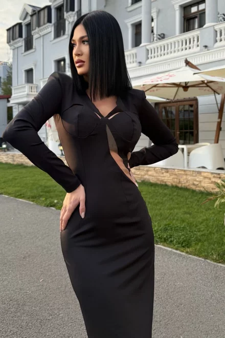 Rochie Eleganta de Dama, cu Maneci Lungi si Decupaje, Fur Elise, Neagra