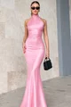 Rochie Eleganta de Dama, cu Spate Gol si Prindere dupa Gat,  cu Cordon, Fara Maneci, Zelya, Roz