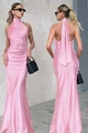 Rochie Eleganta de Dama, cu Spate Gol si Prindere dupa Gat,  cu Cordon, Fara Maneci, Zelya, Roz