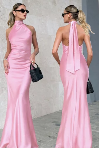 Rochie Eleganta de Dama, cu Spate Gol si Prindere dupa Gat,  cu Cordon, Fara Maneci, Zelya, Roz