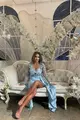Rochie Eleganta de Dama, cu Trena Atasata pe o Parte, si Accesorizata cu Dantela Flori 3D in Partea de Sus, Luxuryantte, Bleu