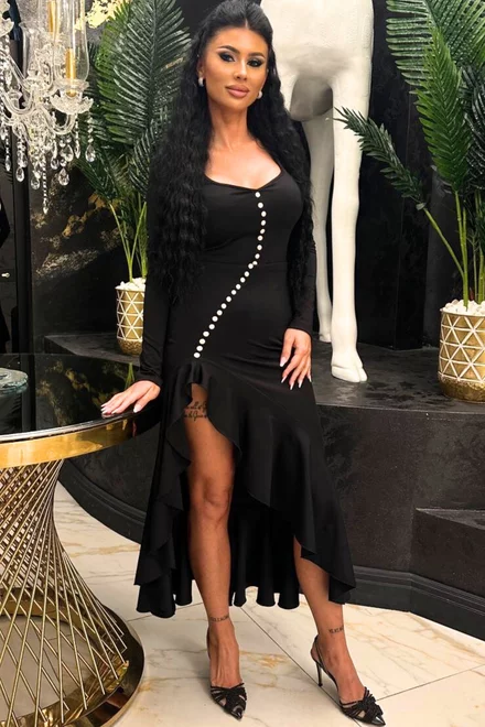 Rochie Eleganta de Dama ,din Lycra ,Accesorizata cu Nasturi Perla ,Velora ,Neagra