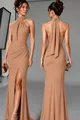 Rochie Eleganta de Dama, din Lycra, cu Prindere dupa Gat si Spate Gol, Camilla, Caramel