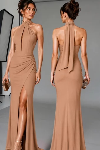 Rochie Eleganta de Dama, din Lycra, cu Prindere dupa Gat si Spate Gol, Camilla, Caramel