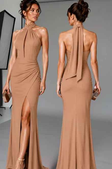 Rochie Eleganta de Dama, din Lycra, cu Prindere dupa Gat si Spate Gol, Camilla, Caramel