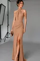 Rochie Eleganta de Dama, din Lycra, cu Prindere dupa Gat si Spate Gol, Camilla, Caramel
