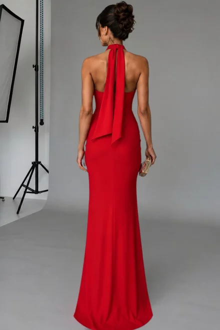 Rochie Eleganta de Dama, din Lycra, cu Spate Gol si Decolteu Adanc, Arrome, Rosie