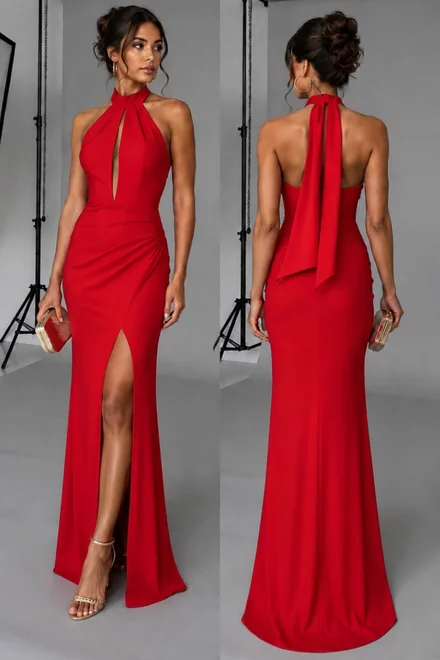 Rochie Eleganta de Dama, din Lycra, cu Spate Gol si Decolteu Adanc, Arrome, Rosie