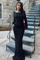 Rochie Eleganta de Dama, din Lycra, cu Spate Gol si Maneci Lungi, Serenitte, Neagra