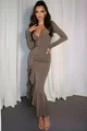 Rochie Eleganta de Dama, din Lycra, cu Volane si Maneci Lungi, Pearl, Cappucino