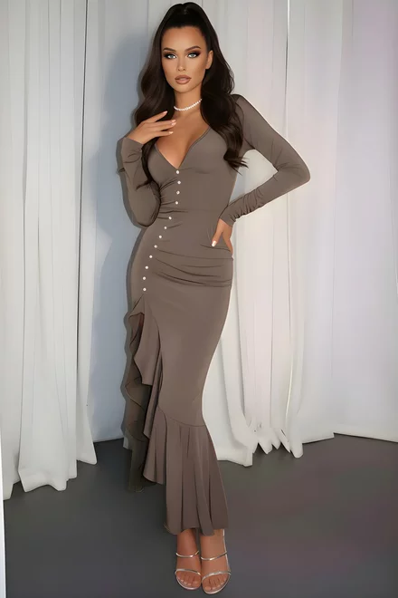 Rochie Eleganta de Dama, din Lycra, cu Volane si Maneci Lungi, Pearl, Cappucino