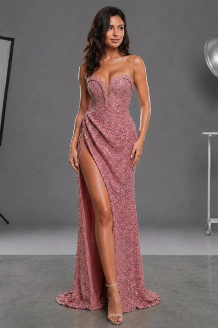Rochie Eleganta de Dama, din Paiete, cu Decolteu si Crapatura pe Picior, Divina, Roz