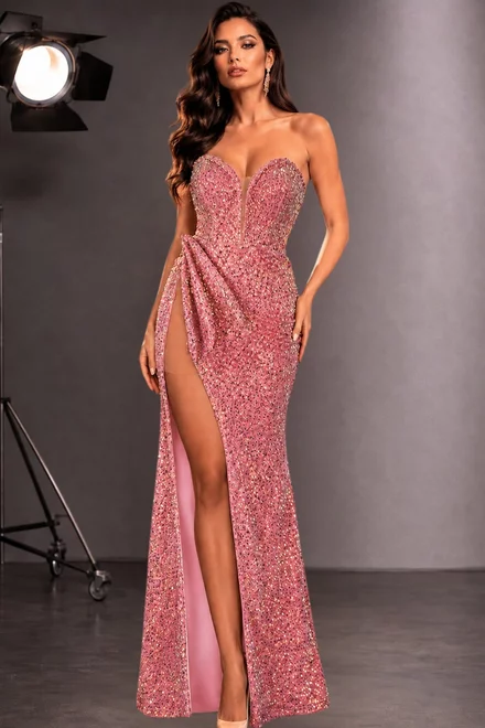 Rochie Eleganta de Dama, din Paiete, cu Decolteu si Crapatura pe Picior, Divina, Roz