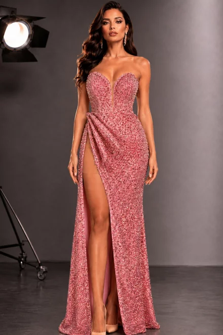 Rochie Eleganta de Dama, din Paiete, cu Decolteu si Crapatura pe Picior, Divina, Roz