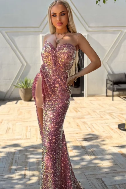 Rochie Eleganta de Dama, din Paiete, cu Decolteu si Crapatura pe Picior, Divina, Roz