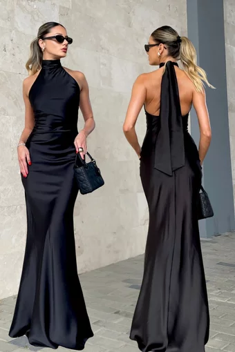 Rochie Eleganta de Dama, Fara Maneci, cu Spate Gol si Prindere dupa Gat  cu Cordon, Marybell, Neagra