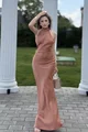 Rochie Eleganta de Dama, Lunga din Satin,cu Spate Gol, Prinsa Dupa Gat cu Cordoane Lungi, Aurantium, Gold