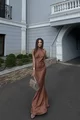Rochie Eleganta de Dama, Lunga din Satin,cu Spate Gol, Prinsa Dupa Gat cu Cordoane Lungi, Aurantium, Gold
