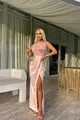Rochie  Eleganta de Dama, Lunga, Petrecuta si Bust Accesorizat cu Fulgi si Flori, Anemone, Roz Pudra