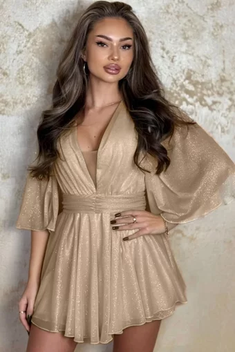 Rochie Eleganta de Dama, Maneci Evazate si Fusta Pantalon, cu Fir Lurex, Serena, Bej