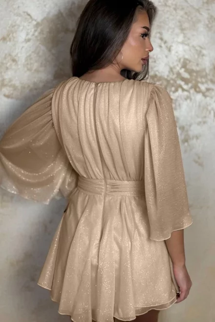 Rochie Eleganta de Dama, Maneci Evazate si Fusta Pantalon, cu Fir Lurex, Serena, Bej