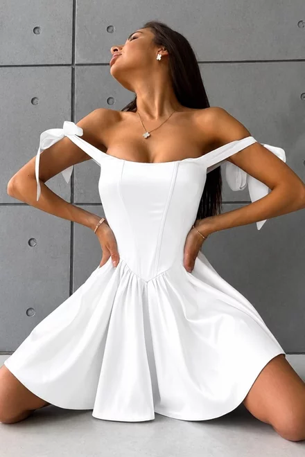 Rochie Eleganta de Dama, Scurta, in Bretele Fundite, cu Corset Ajustabil, Rosolle, Alba