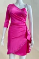 Rochie Eleganta de Ocazie, din Satin, cu un Umar Gol si Volane, cu Accesoriu  Pretios, Nadia, Fucsia